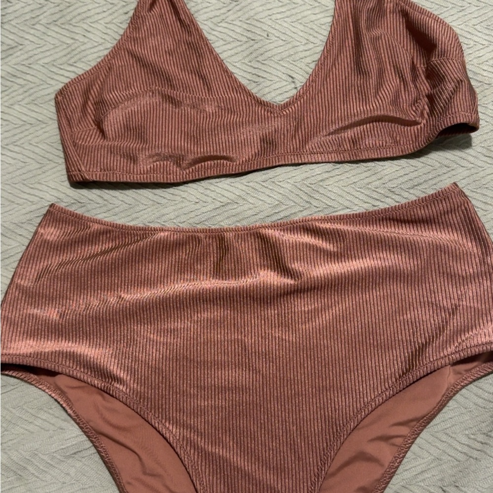 Aerie Brown Ribbed Bikini Set with High-Waisted Briefs